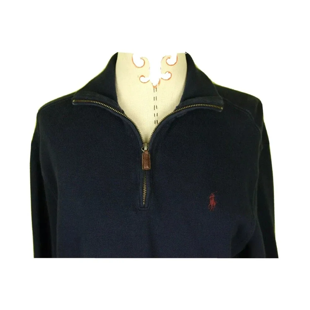 Polo Ralph Lauren Men’s Sz M 1/4 Zip Sweater Navy Blue Cotton Red Pony Logo